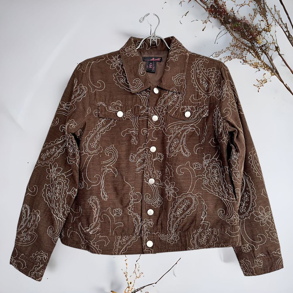 Willi Smith Brown Silk Embroidered Jacket Size Medium